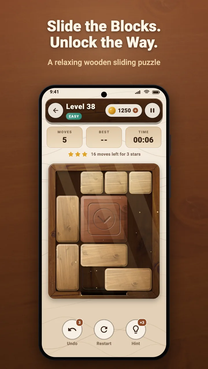Gameplay: slide wooden blocks to free the lock block