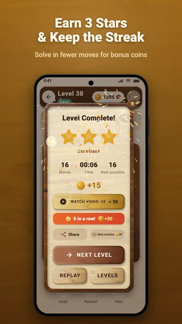 Level complete with three stars and a win streak