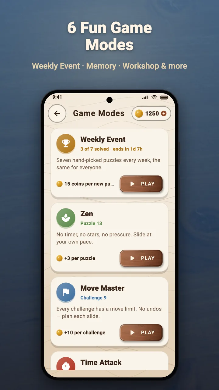 Weekly Event, Zen, Move Master, Time Attack, Memory and Workshop