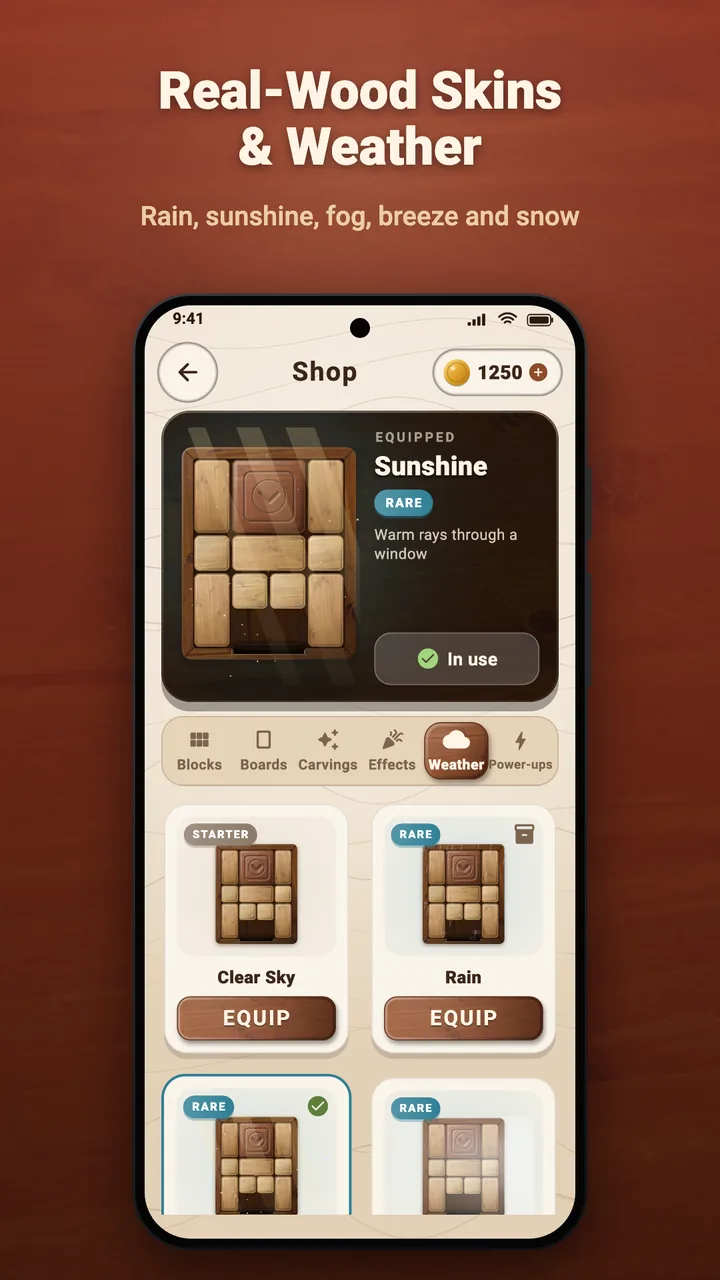 Real-wood skins and weather in the shop